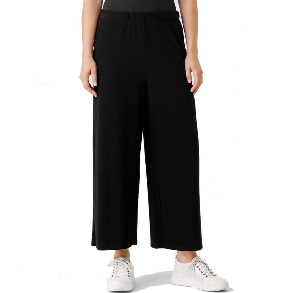Eileen Fisher Organic Cotton Slubby Rib Knit Wide Leg Cropped Pant L Black